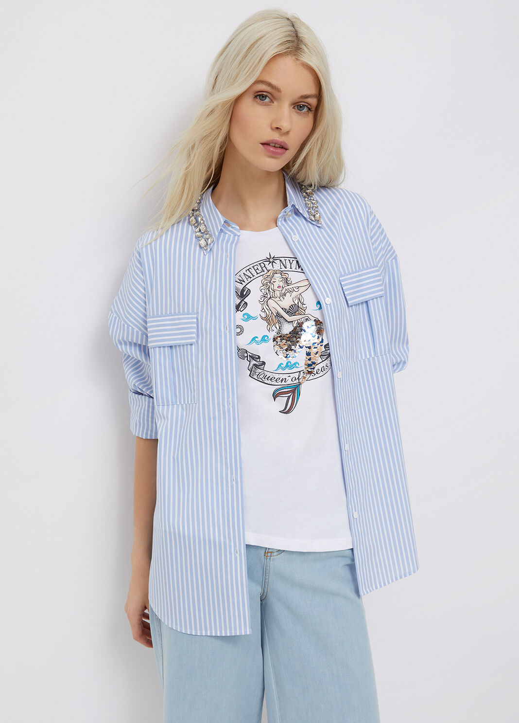 Striped shirt with jewel bezels white/blue Liu Jo - large image number 0