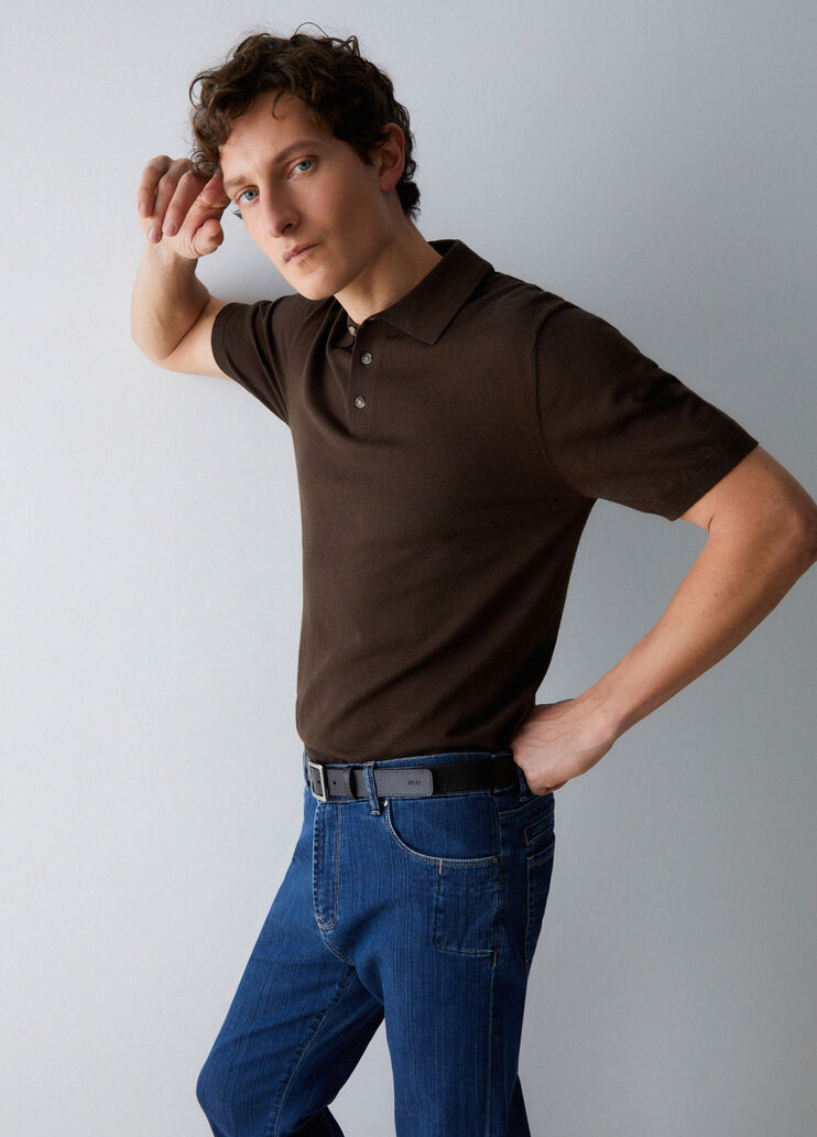 Polo en maille de soie m&eacute;lang&eacute;e chocolat Liu Jo - medium