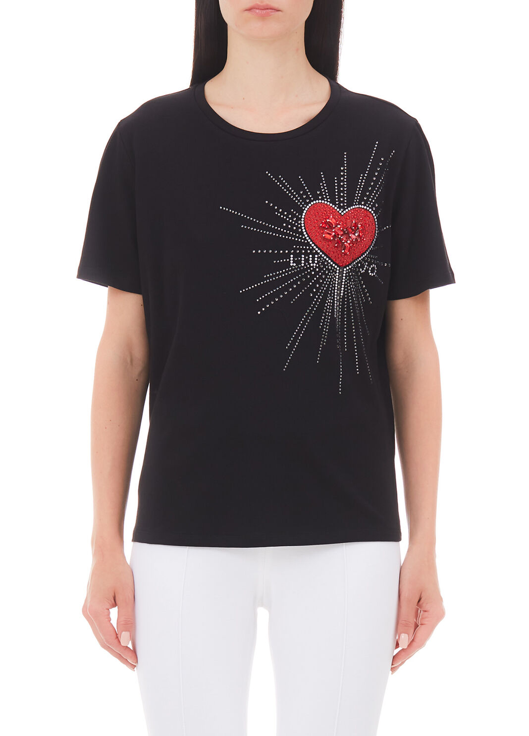 Camiseta con estampado y aplicaciones negro/coraz&oacute;n Liu Jo - large image number 0