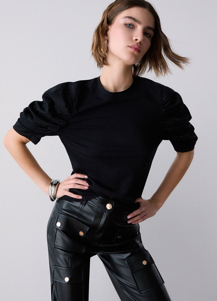 T-shirt bimateriale with sleeves a puff black Liu Jo - medium