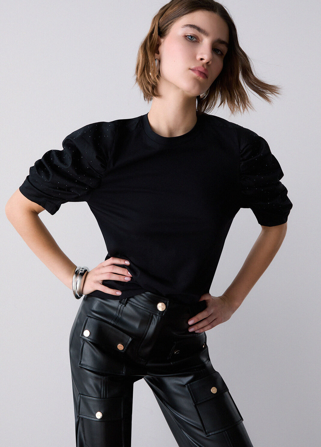 T-shirt bimateriale with sleeves a puff black Liu Jo - large image number 3