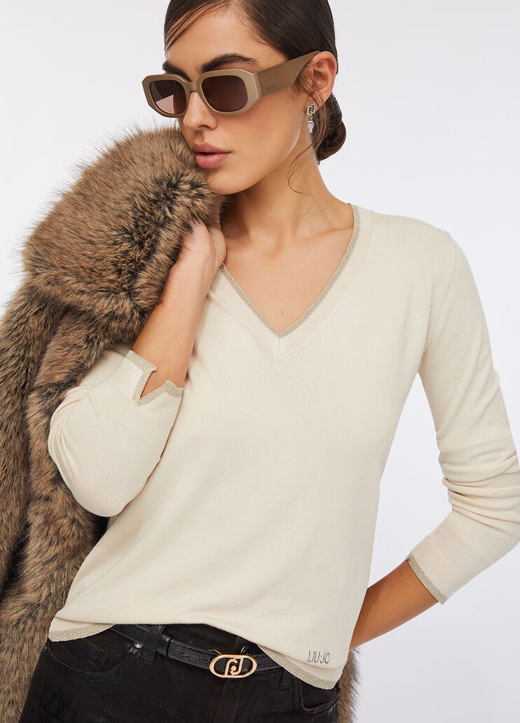 Pullover mit V-Ausschnitt Hellbeige Liu Jo - large image number 3