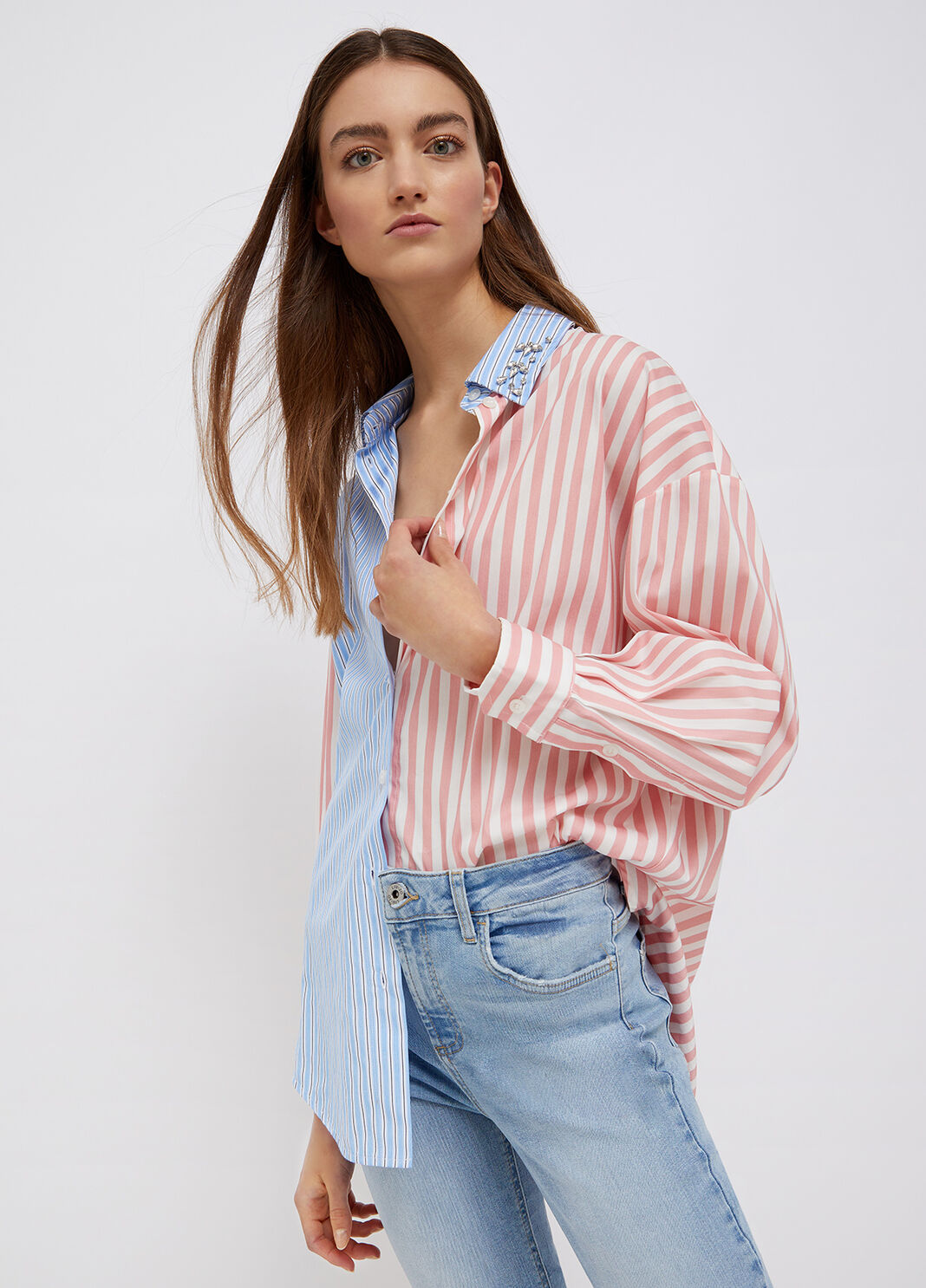 Рубашка в полоску с роскошными камнями розово-белые полоски Liu Jo - large image number 0