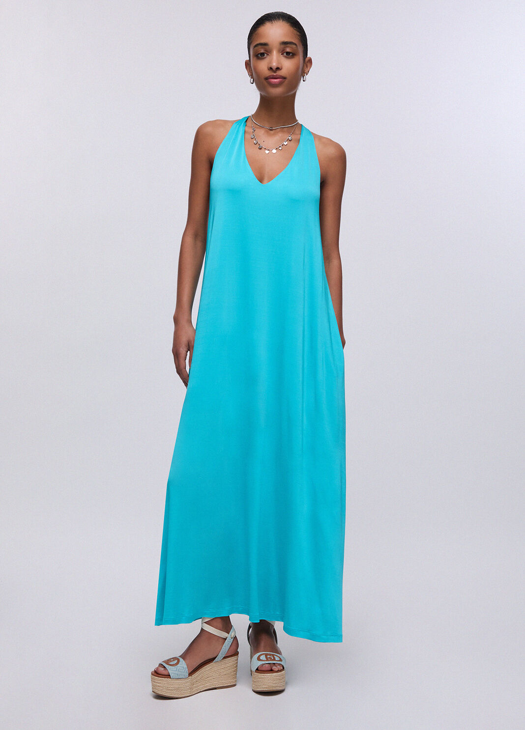 Langes Kleid aus gl&auml;nzendem Jersey Hellblau Liu Jo - large image number 0