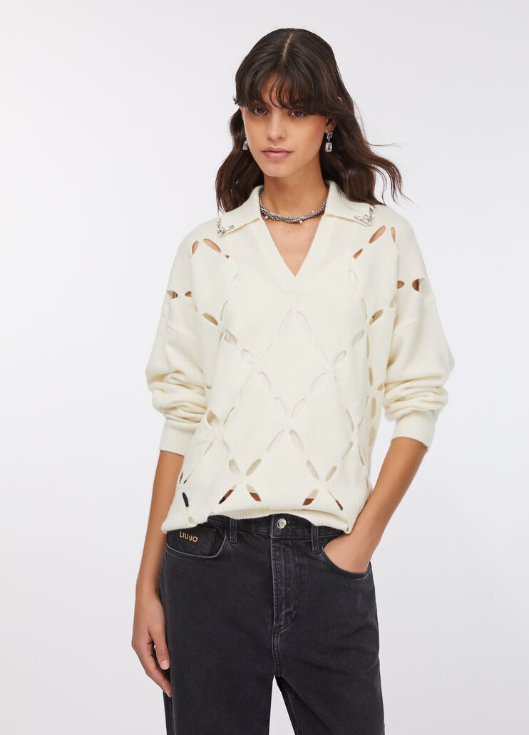 Pullover aus 100 % Wolle mit Schmuckstickerei Wollweiß Liu Jo - large image number 0