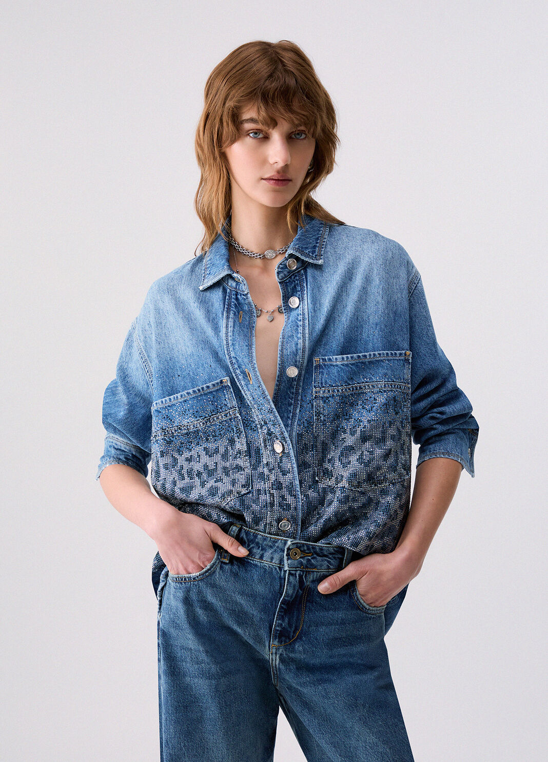 Overshirt in denim with rhinestones animal-print blue denim Liu Jo - large image number 0