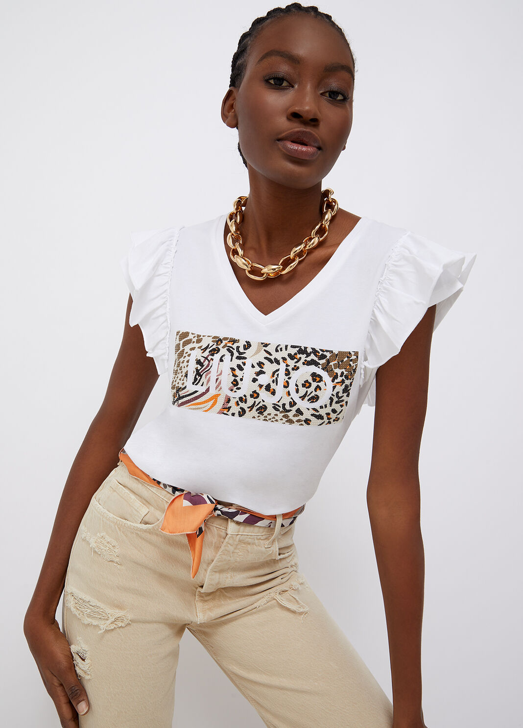 Eco-friendly t-shirt with ruffles white/animal-print Liu Jo - large image number 0