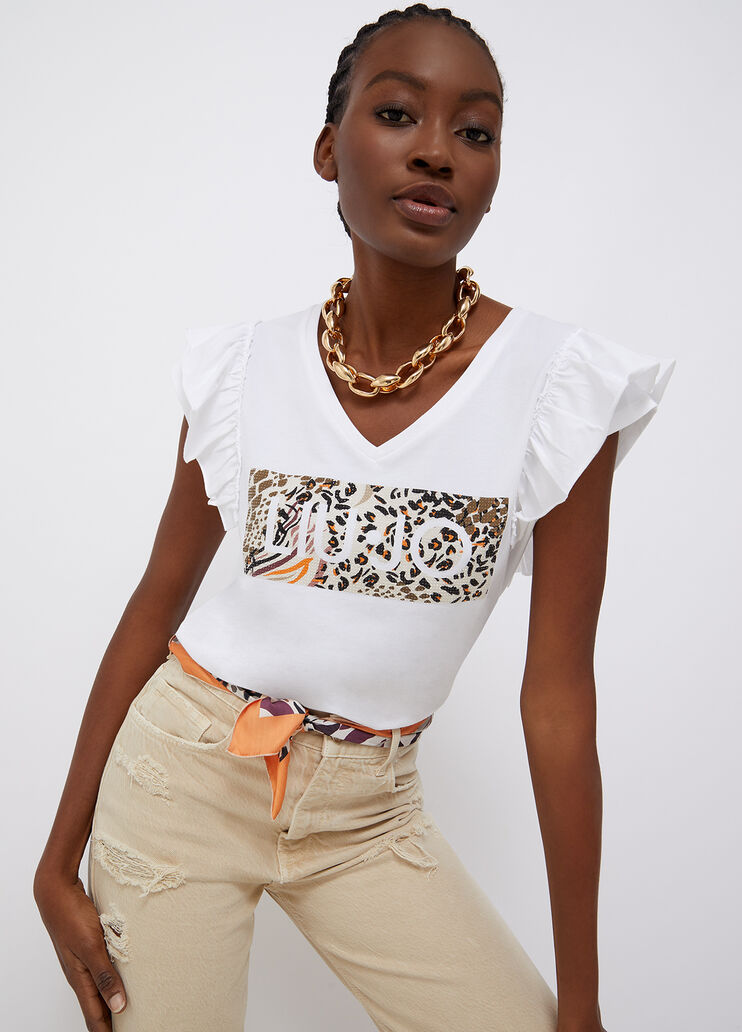 Camiseta ecosostenible con volantes blanco/estampado animal Liu Jo - large image number 0 Camiseta ecosostenible con volantes blanco/estampado animal Liu Jo - large image number 0