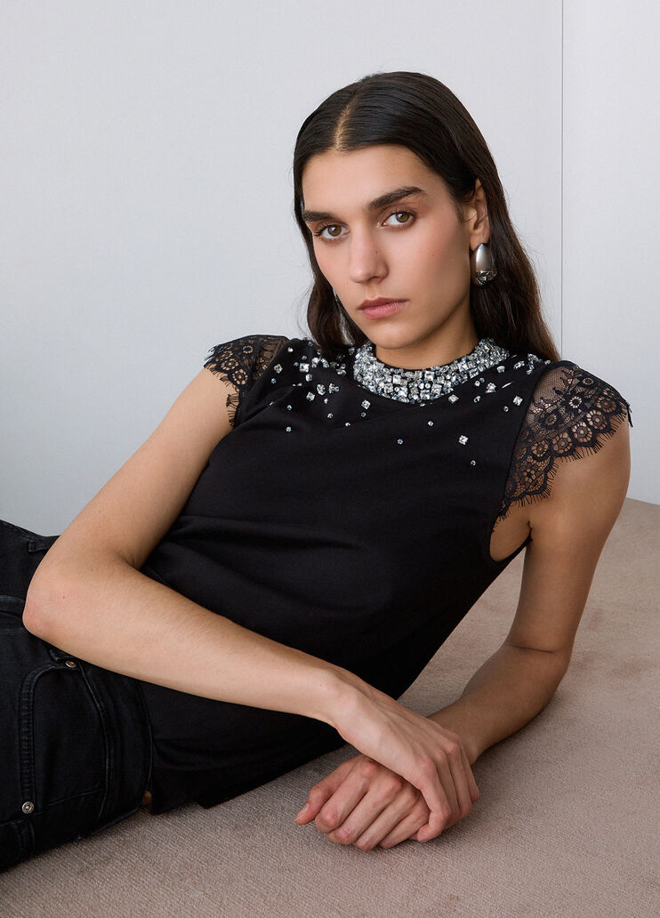 T-shirt with lace and rhinestones black Liu Jo - medium