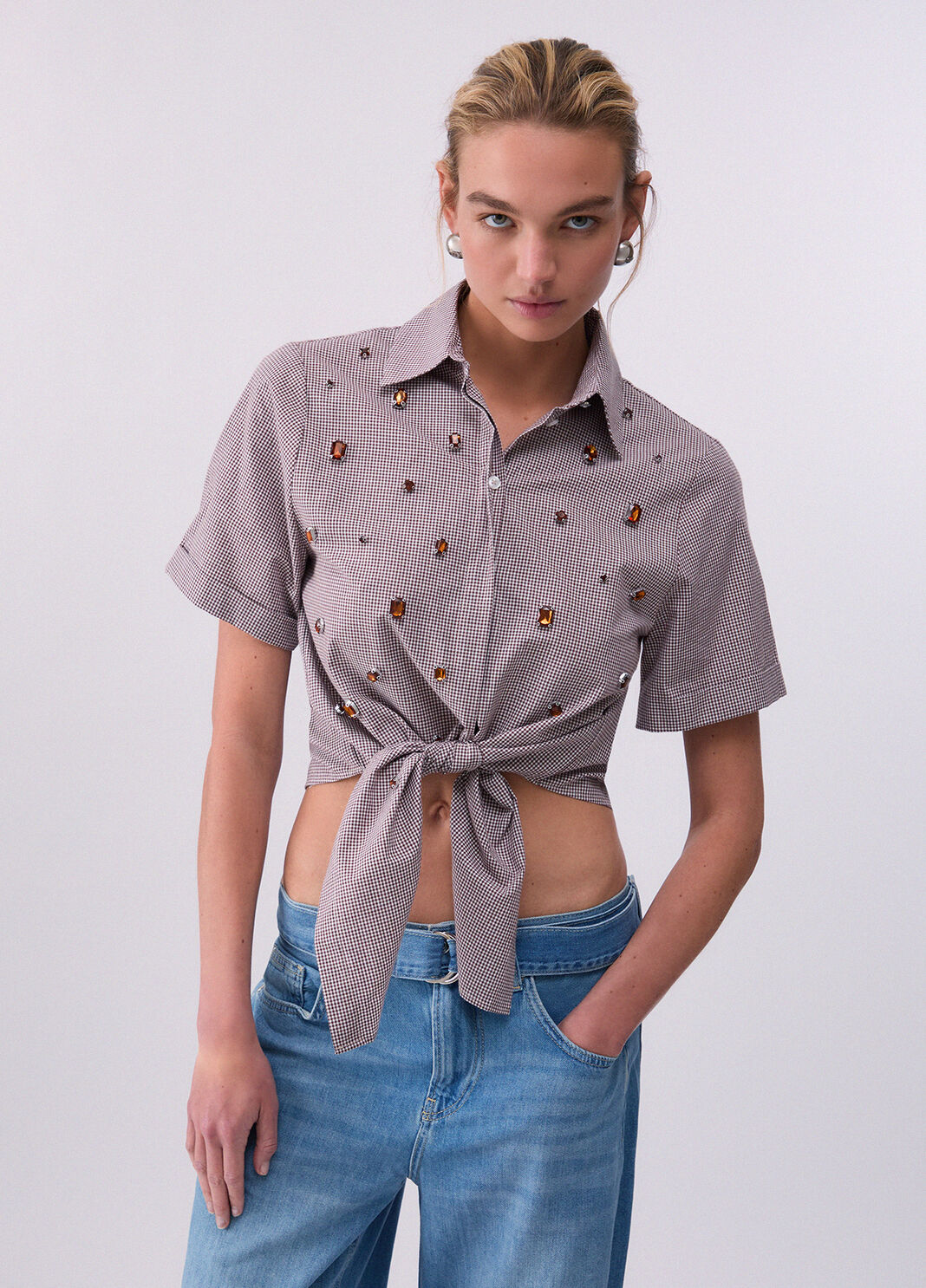 Camicia in vichy con ricami gioiello vichy marrone Liu Jo - large image number 0