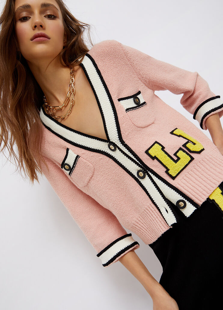 Eco-friendly college cardigan powder pink/wool white Liu Jo - large image number 2 Eco-friendly college cardigan powder pink/wool white Liu Jo - large image number 2
