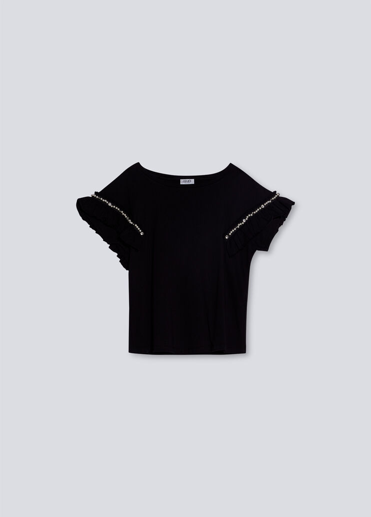 T-shirt with rouches and appliqués black Liu Jo - large image number 4 T-shirt with rouches and appliqués black Liu Jo - large image number 4