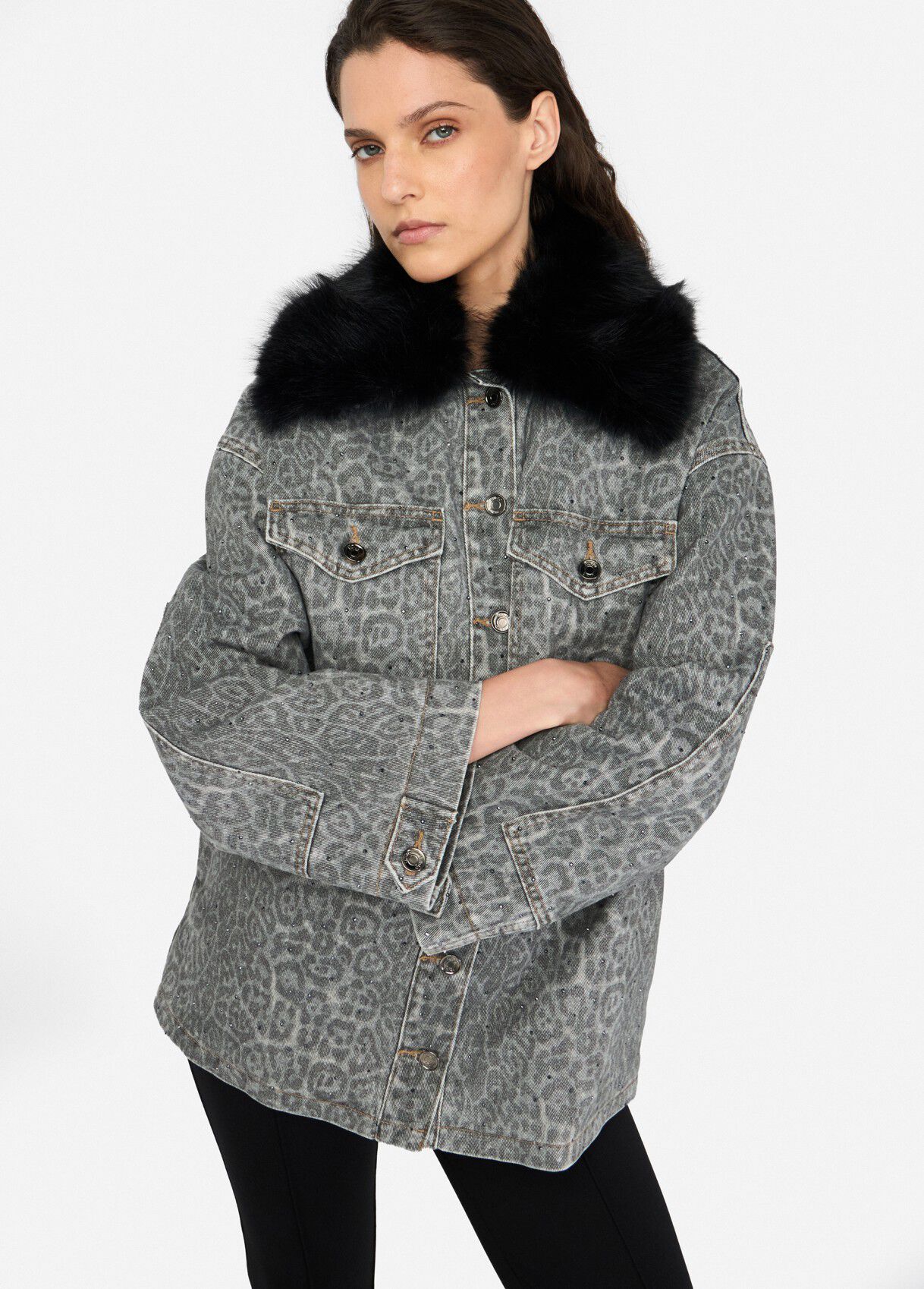 Faux fur jacket with collar colour grey animal print | Liu Jo