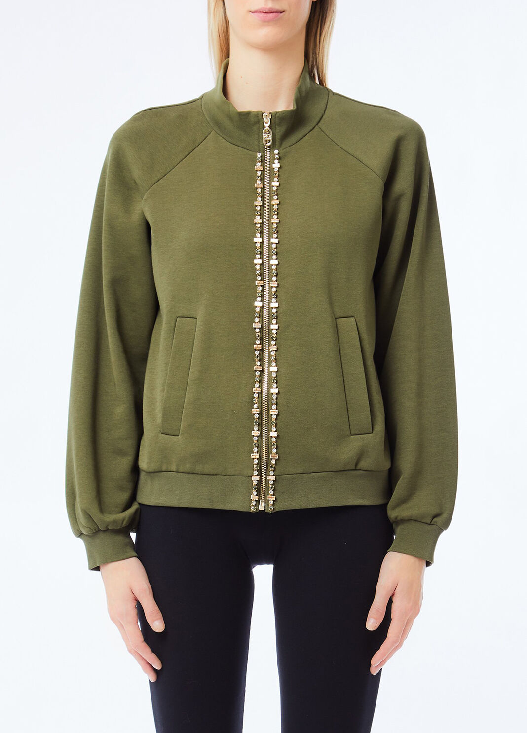 Sweatshirt with zip and rhinestones olive green Liu Jo - large image number 0