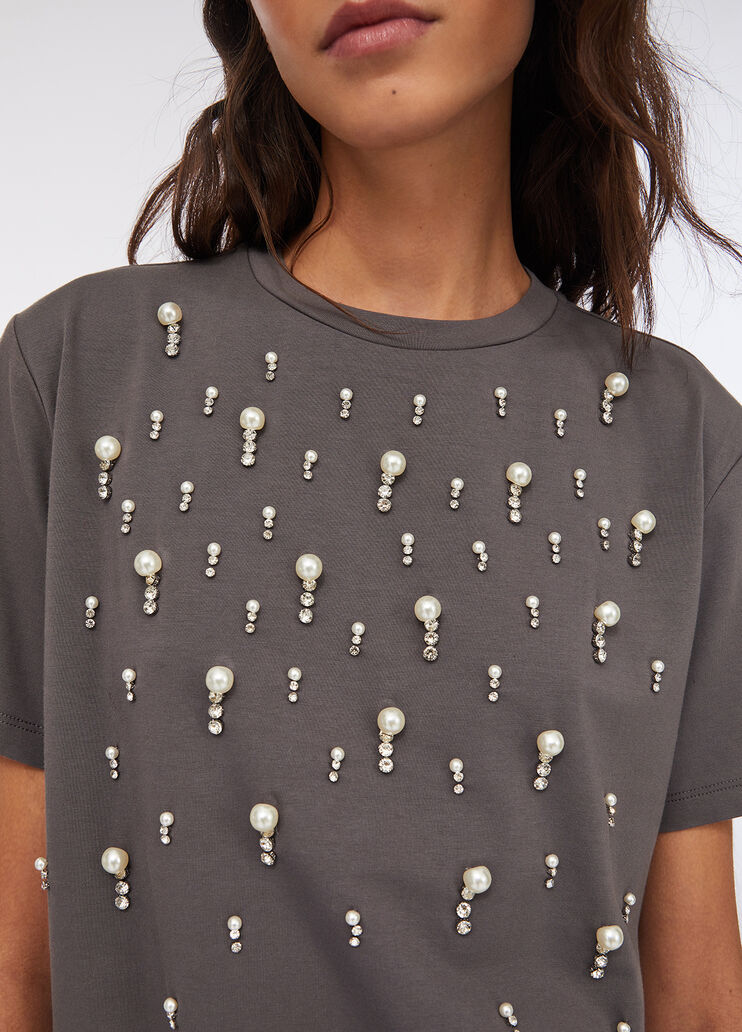 T-shirt with pearls and rhinestones grey Liu Jo - large image number 3