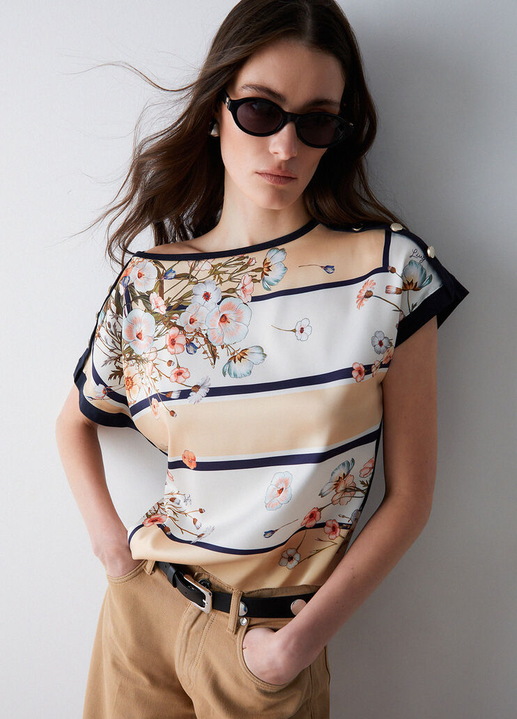 T-Shirt mit Einsatz aus bedrucktem Twill Dunkelblau Liu Jo - medium