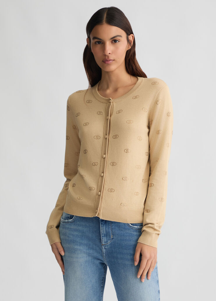 Cardigan with logo and rhinestones beige Liu Jo - large image number 0 Cardigan with logo and rhinestones beige Liu Jo - large image number 0