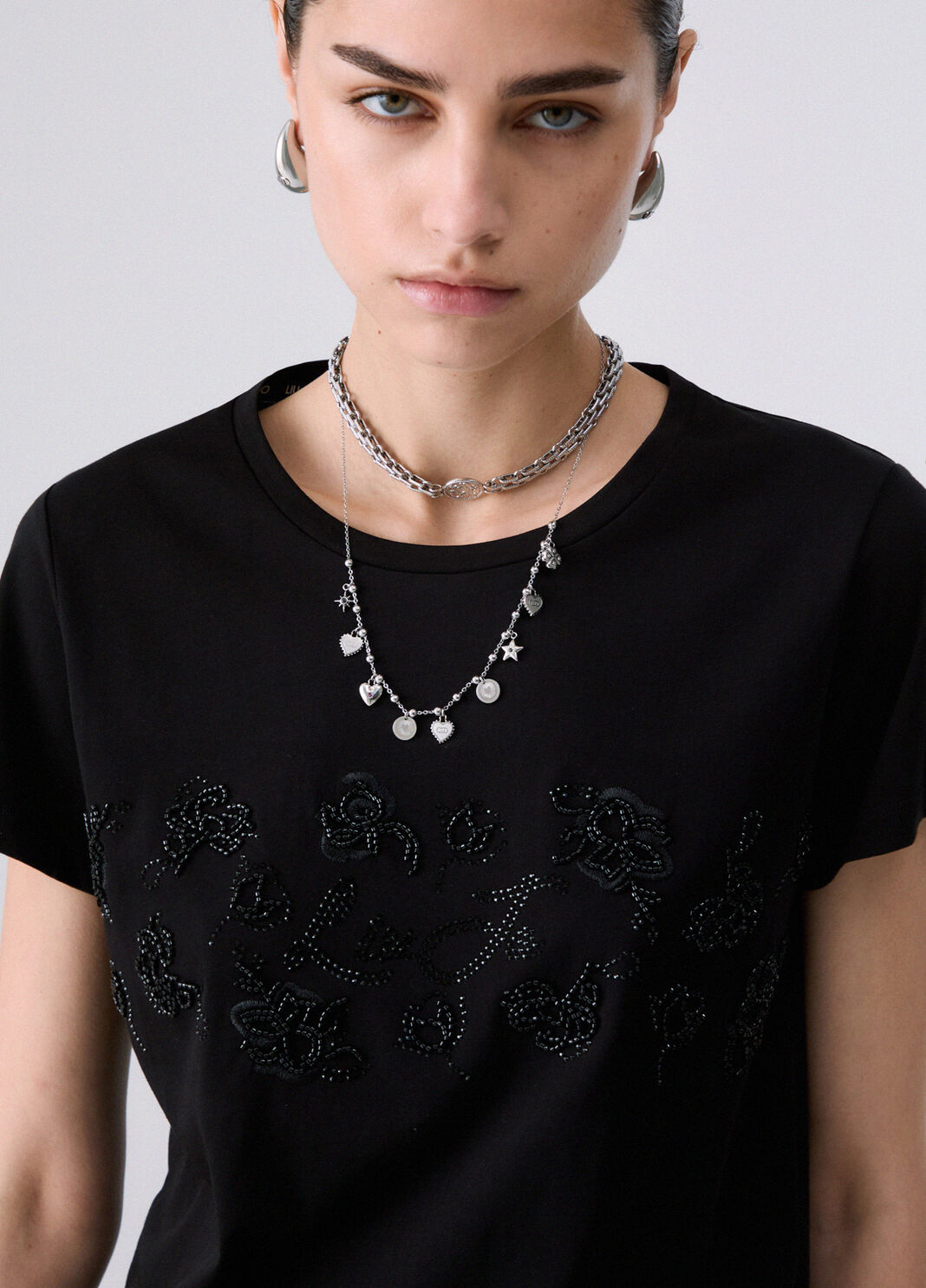 T-shirt avec strass noir et ramage Liu Jo - large image number 4