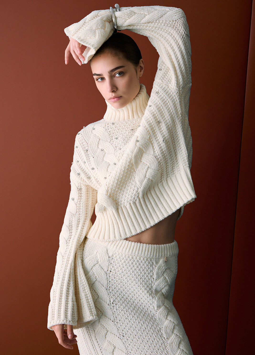Cable Knit Turtleneck with Rhinestones white wool Liu Jo - large image number 3
