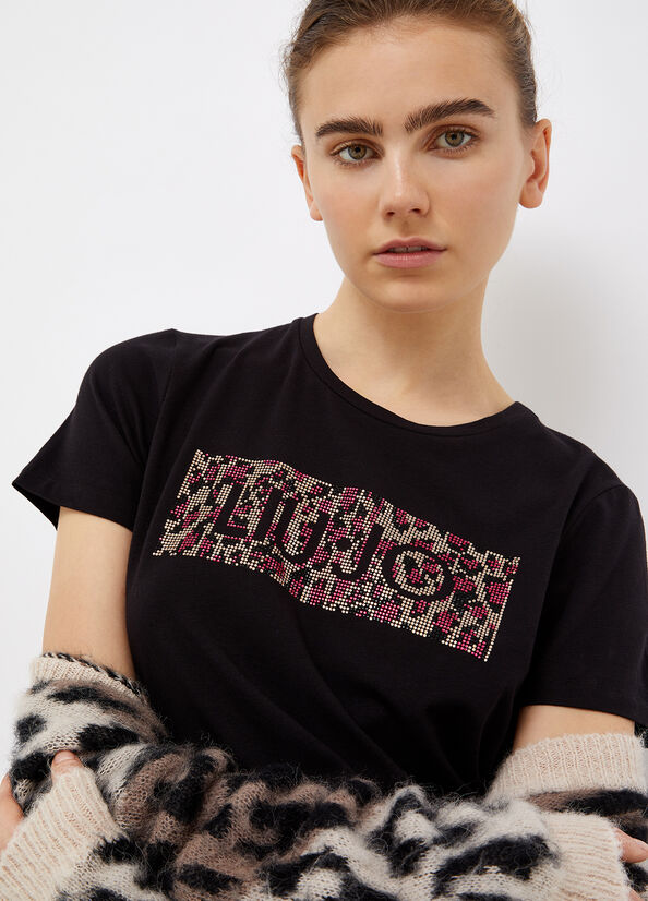 T-shirt with logo and appliqués black/leopard print Liu Jo - large image number 1