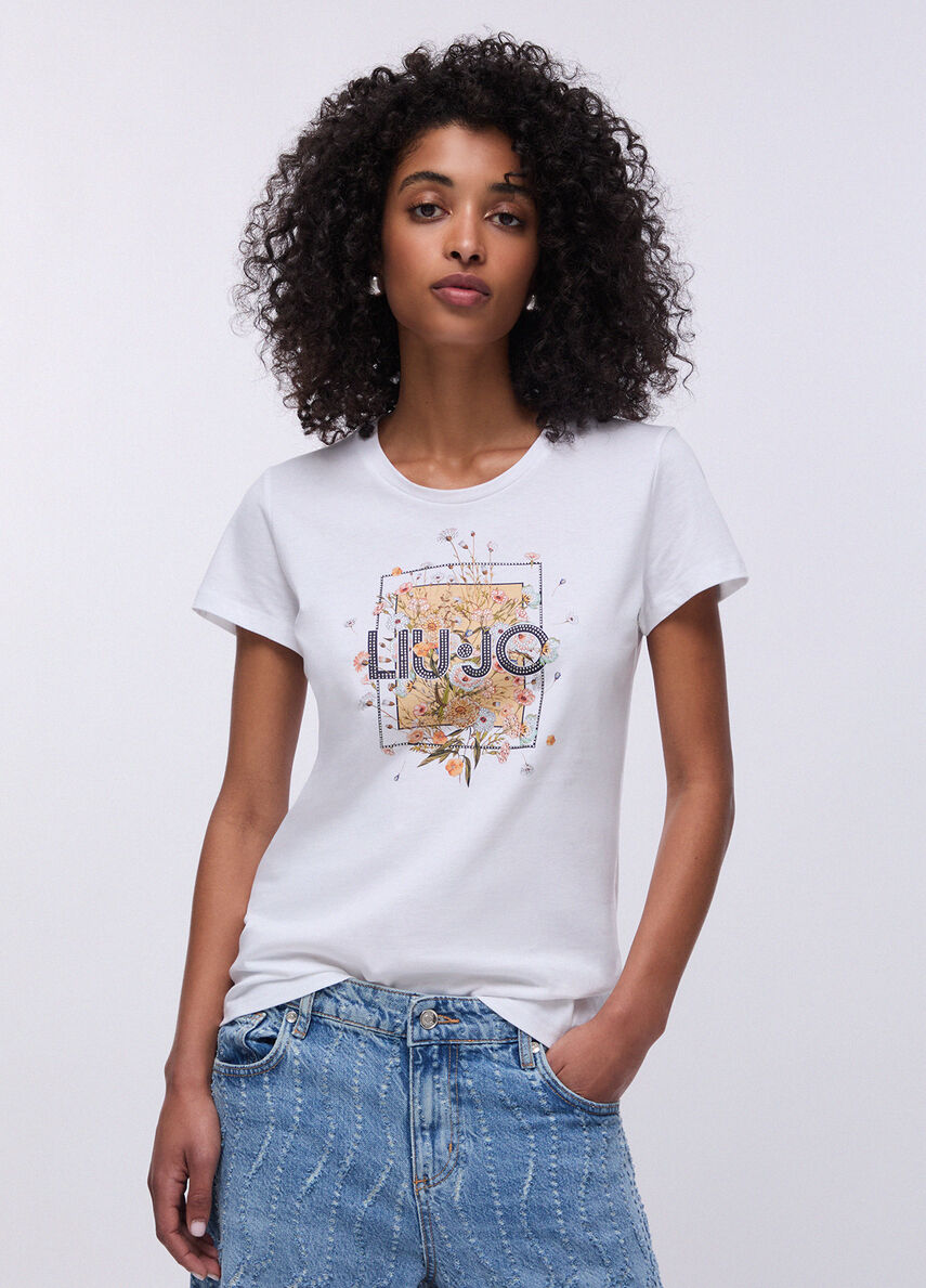 Printed T-shirt with rhinestones colour white/foulard | Liu Jo