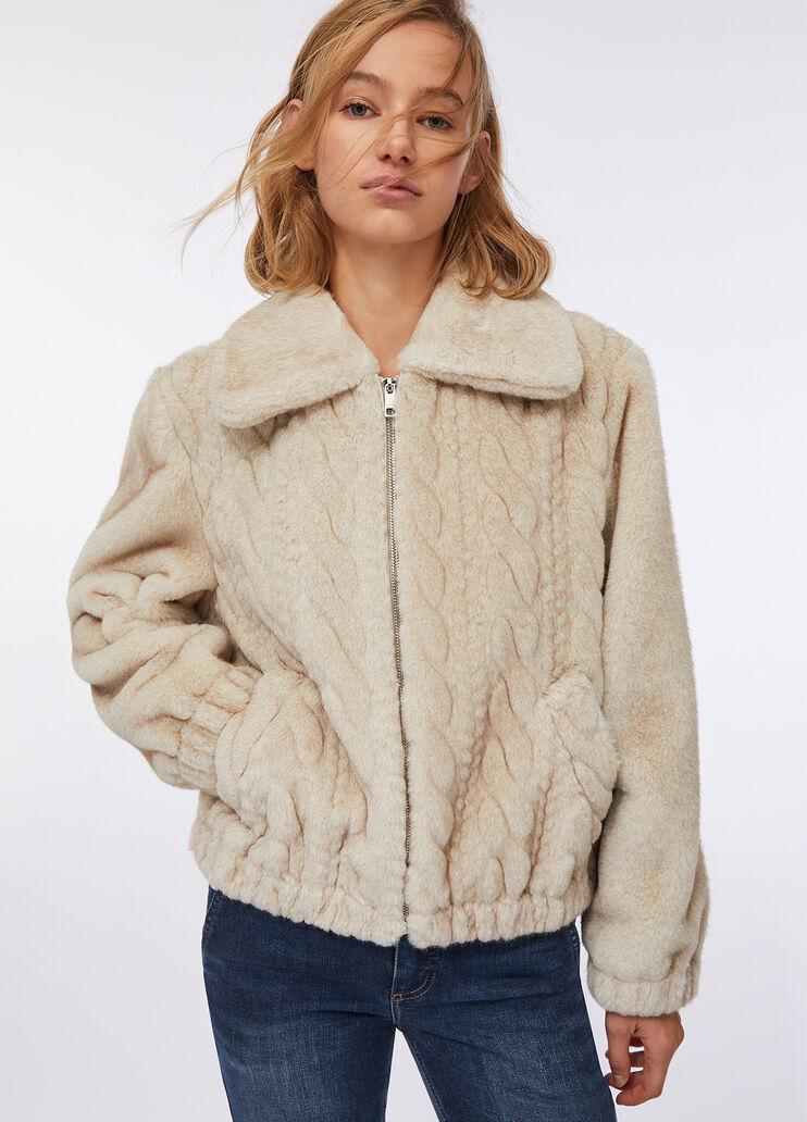 Teddy bomber jacket with cable knit detailing beige Liu Jo - large image number 3 Teddy bomber jacket with cable knit detailing beige Liu Jo - large image number 3