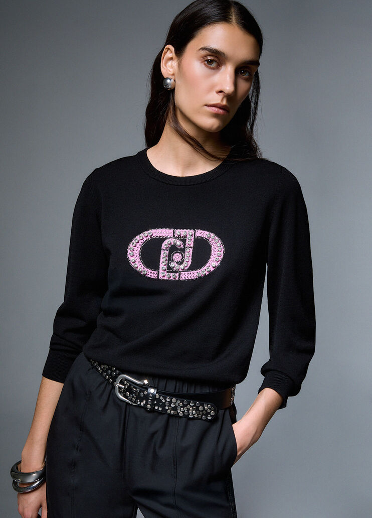 Sweater with monogram logo black/monogram Liu Jo - medium
