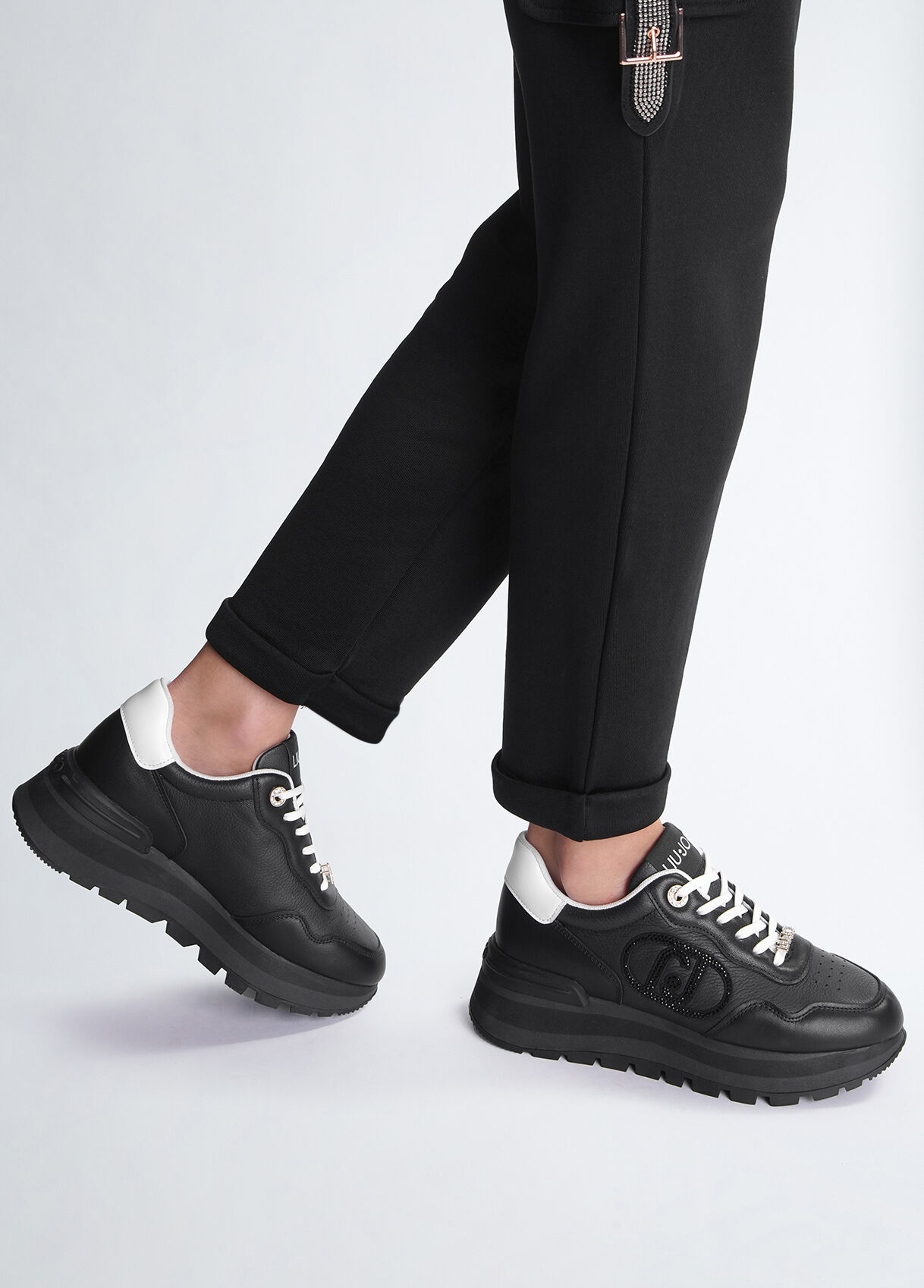 Black leather sneakers with bejewelled logo colour black Liu Jo