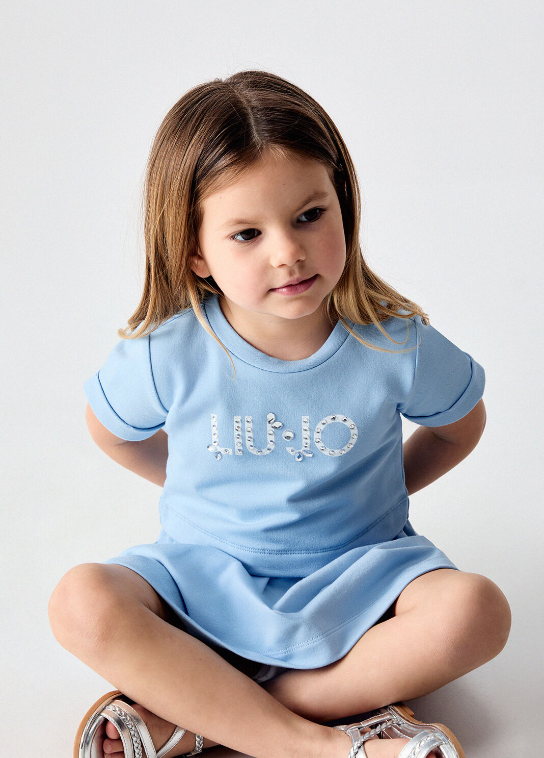 Short dress with bejewelled logo light blue Liu Jo - large image number 1