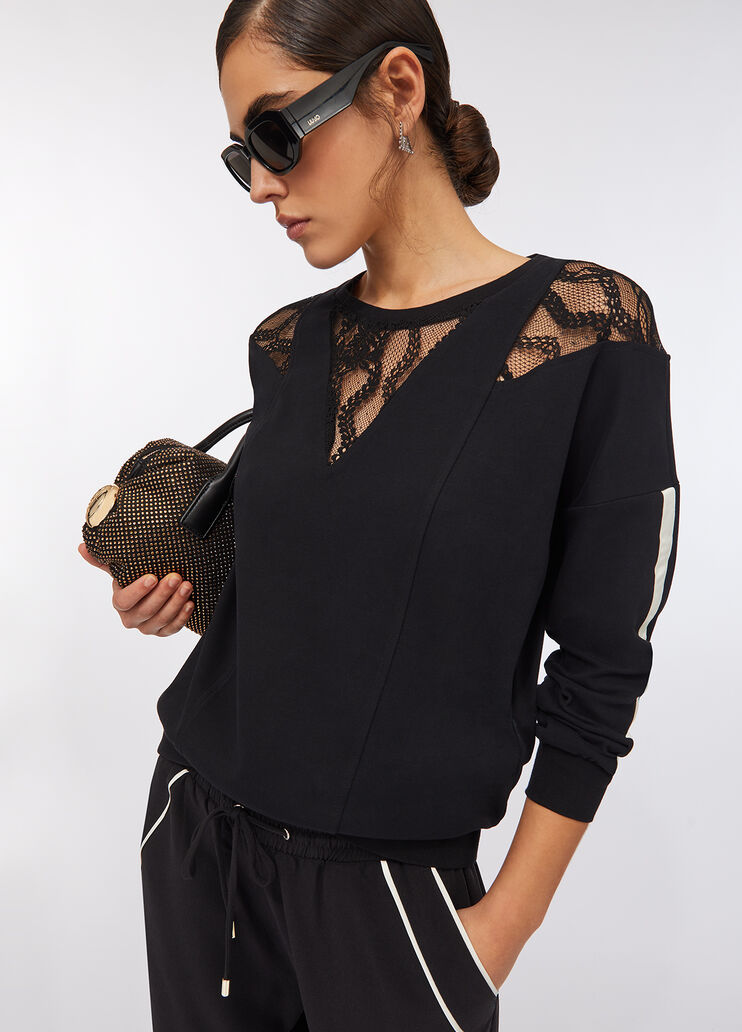 Sweat-shirt en coton avec dentelle noir Liu Jo - medium