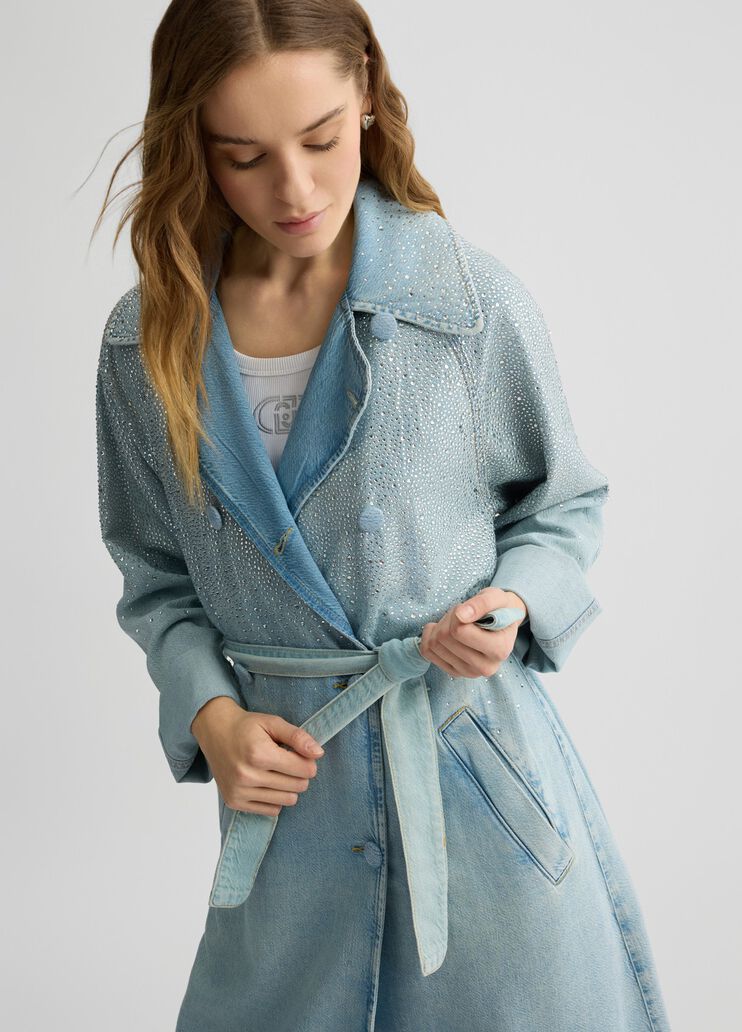 Denim trench coat with rhinestones blue denim Liu Jo - large image number 3 Denim trench coat with rhinestones blue denim Liu Jo - large image number 3