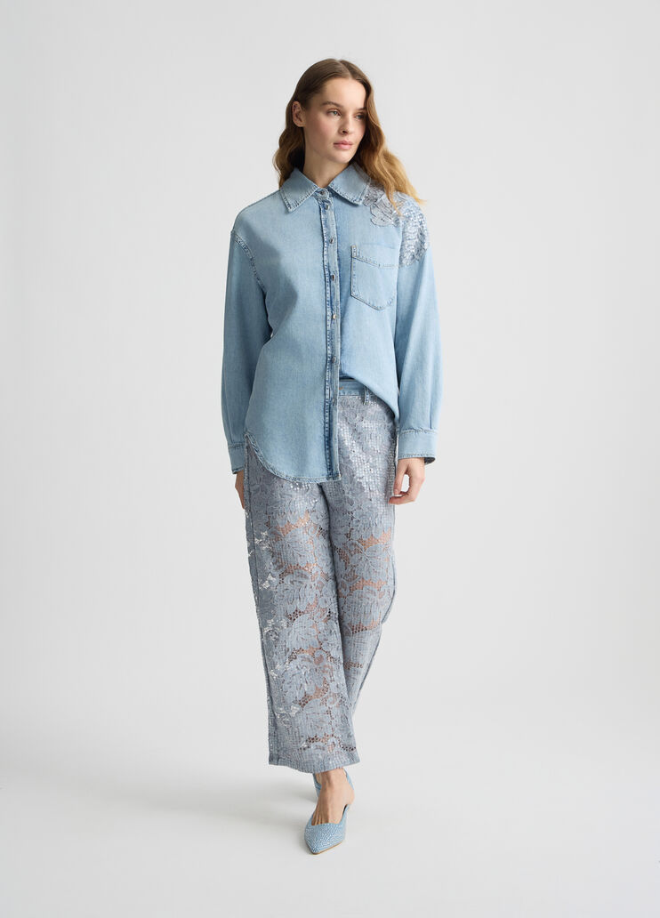 Pantalon &eacute;vas&eacute; en dentelle denim bleu clair Liu Jo - medium
