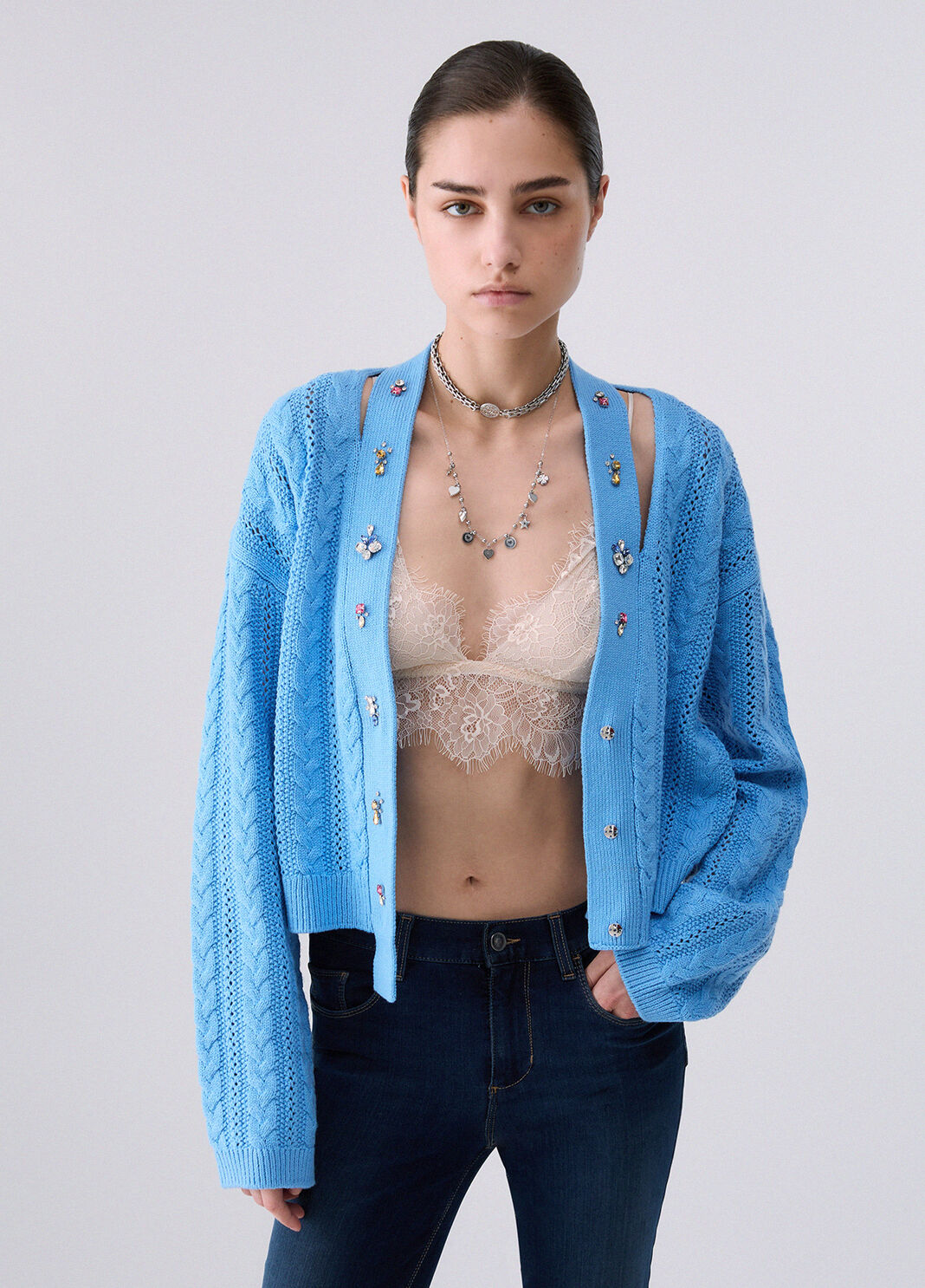 Cardigan with jewel embroidery light blue Liu Jo - large image number 0
