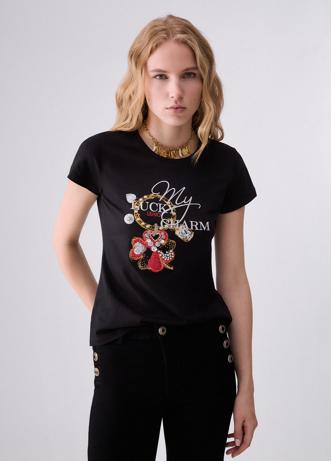 T-shirt with jewel embroidery black/four-leaf clover print Liu Jo - large image number 0