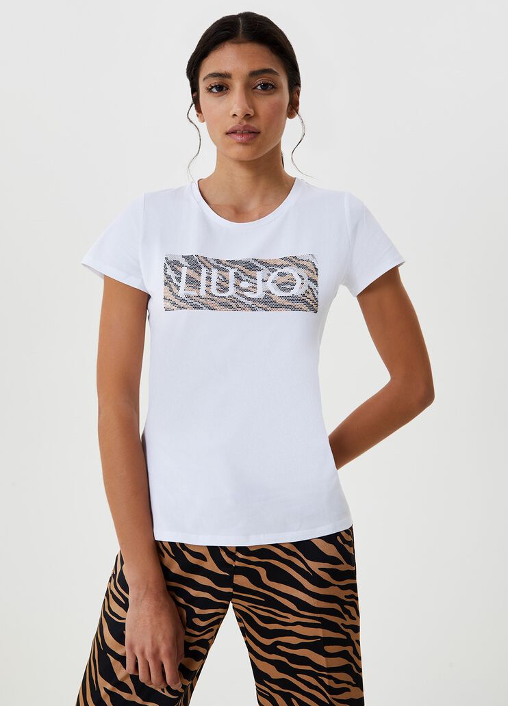 T-shirt with logo and appliqués White animal-print Liu Jo - large image number 0