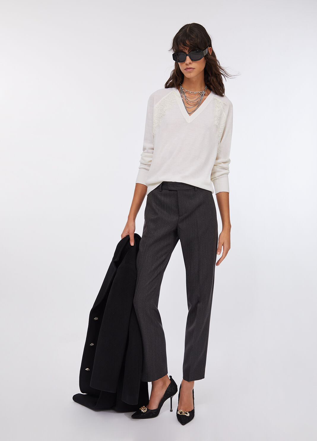 Шерстяной джемпер с кружевной отделкой молочный Liu Jo - large image number 5