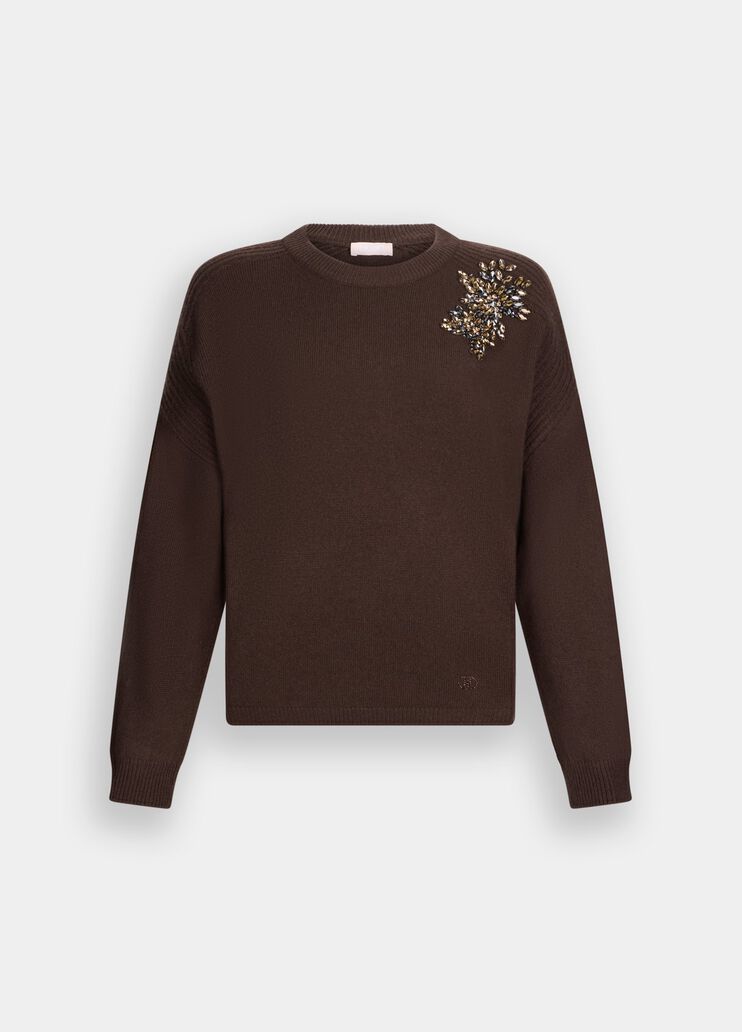 100% wool jumper with bejewelled embroidery chocolate Liu Jo - large image number 6
