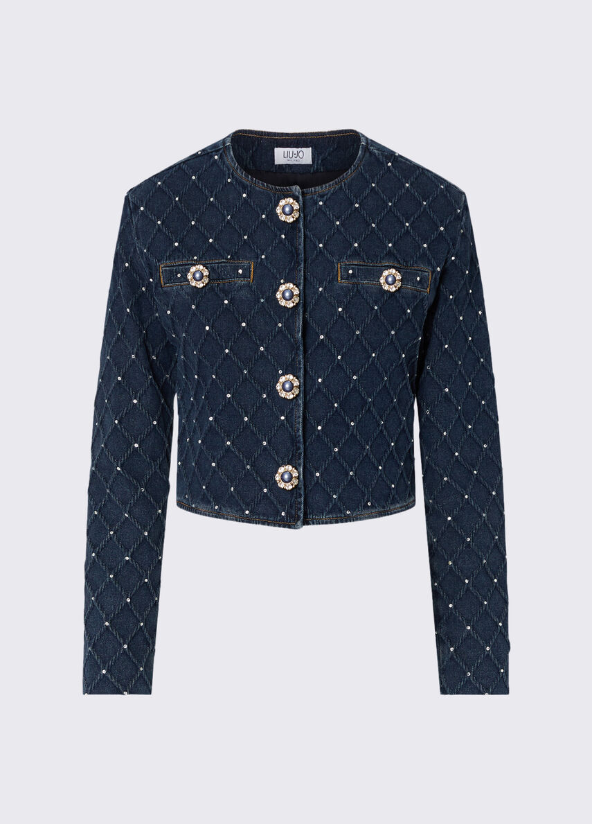 Jacket in denim quilted with rhinestones colour blue denim | Liu Jo