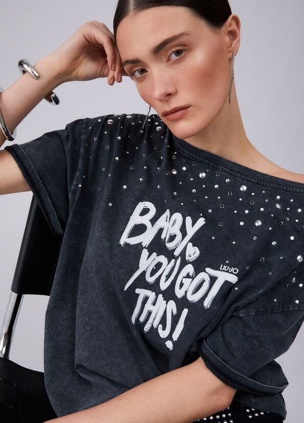 T-shirt épais Noir Avec Strass - Taille 38/40, Manches Longues, Neuf Sans étiquette