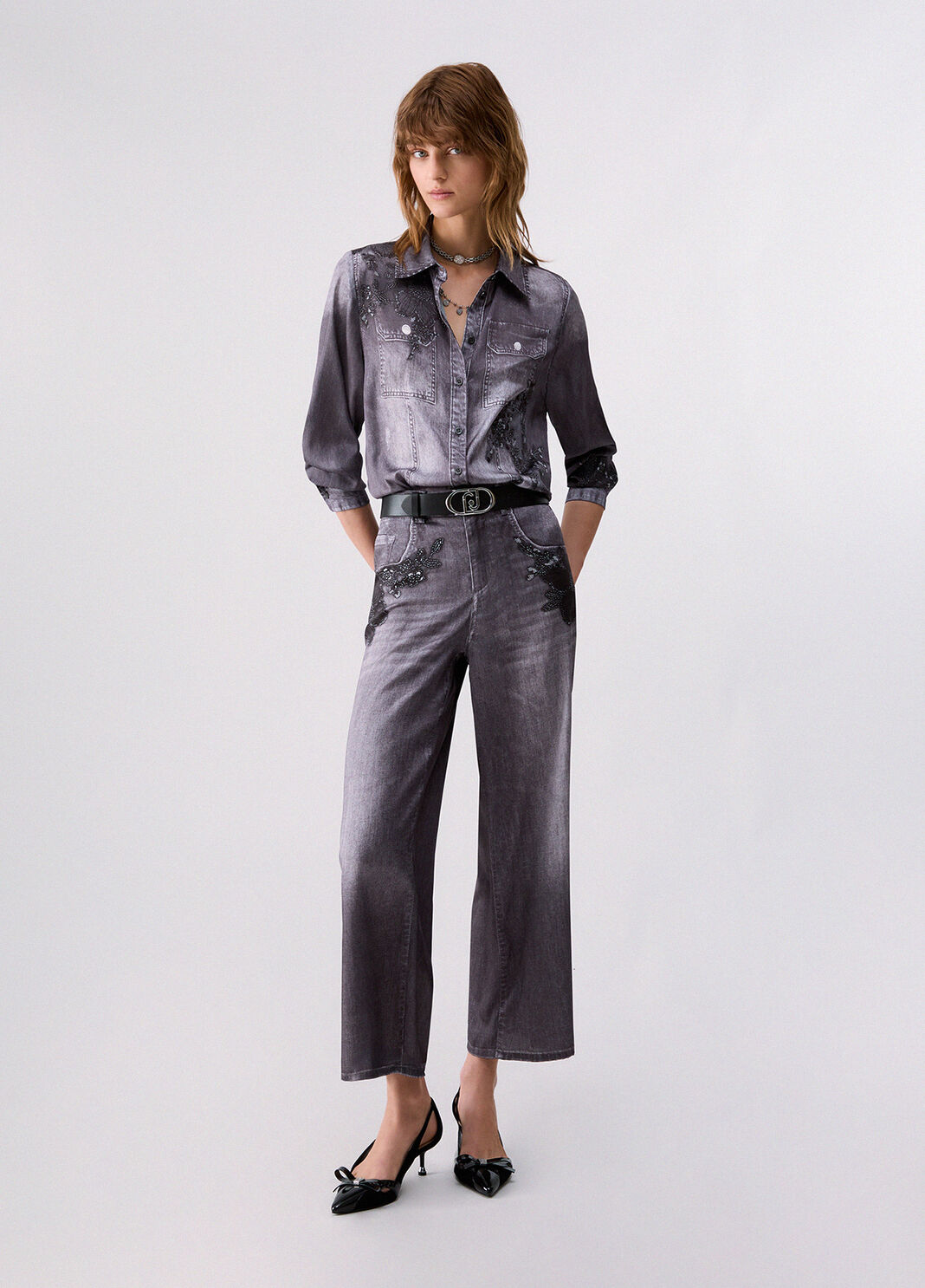 Straight-leg trousers with print digital grey with flowers Liu Jo - large image number 5
