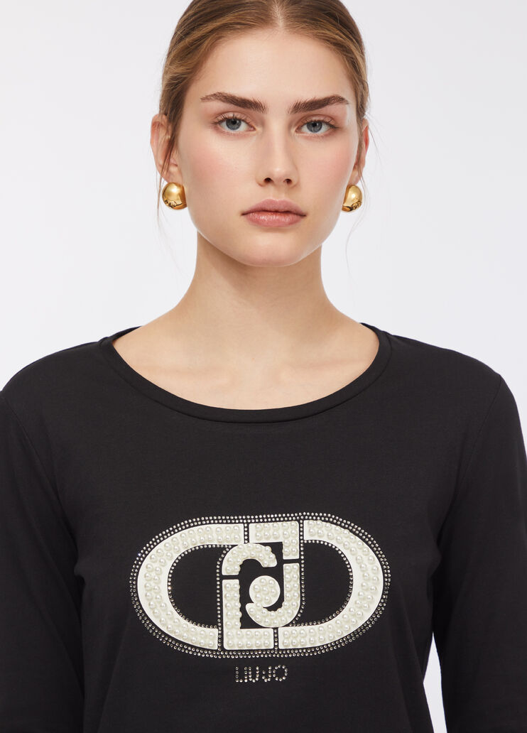 Cotton T-shirt with logo black/monogram Liu Jo - medium