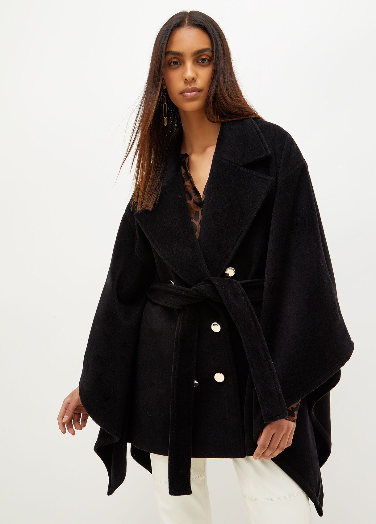 Double-breasted wool blend cape