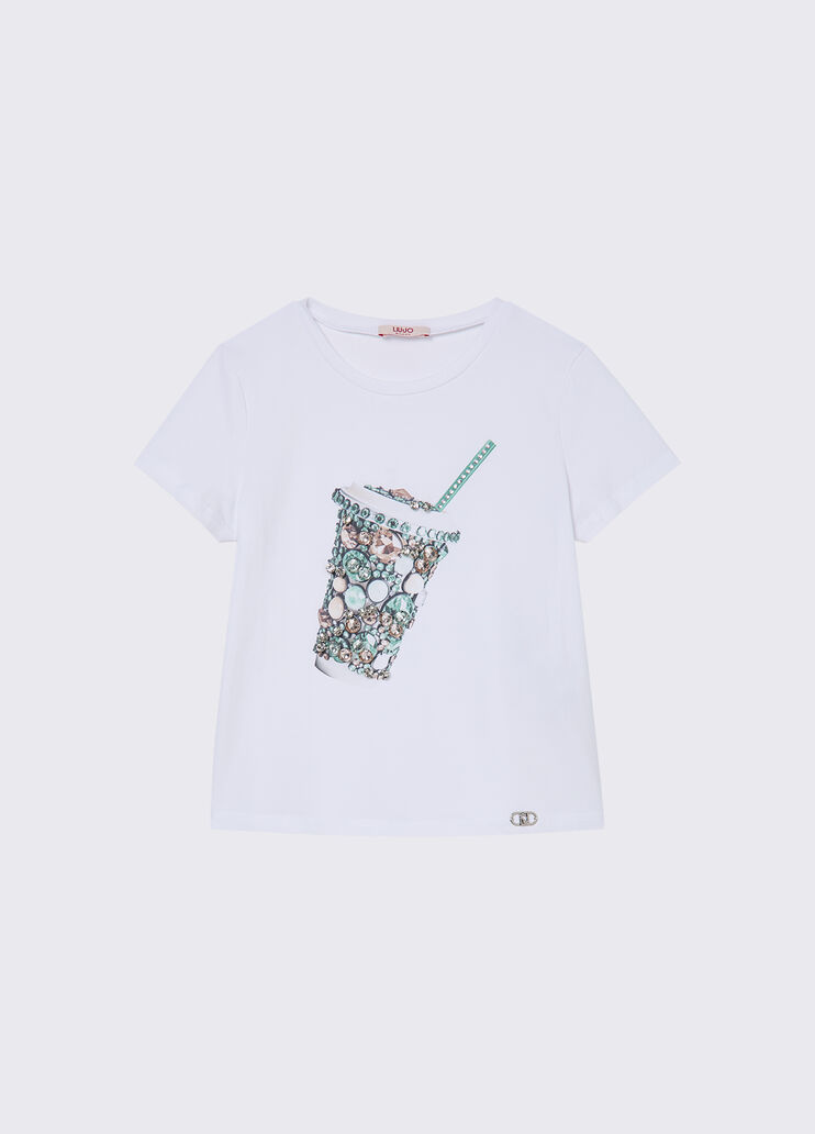 T-Shirt mit Print und eingefassten Schmucksteinen Smoothie Liu Jo - medium