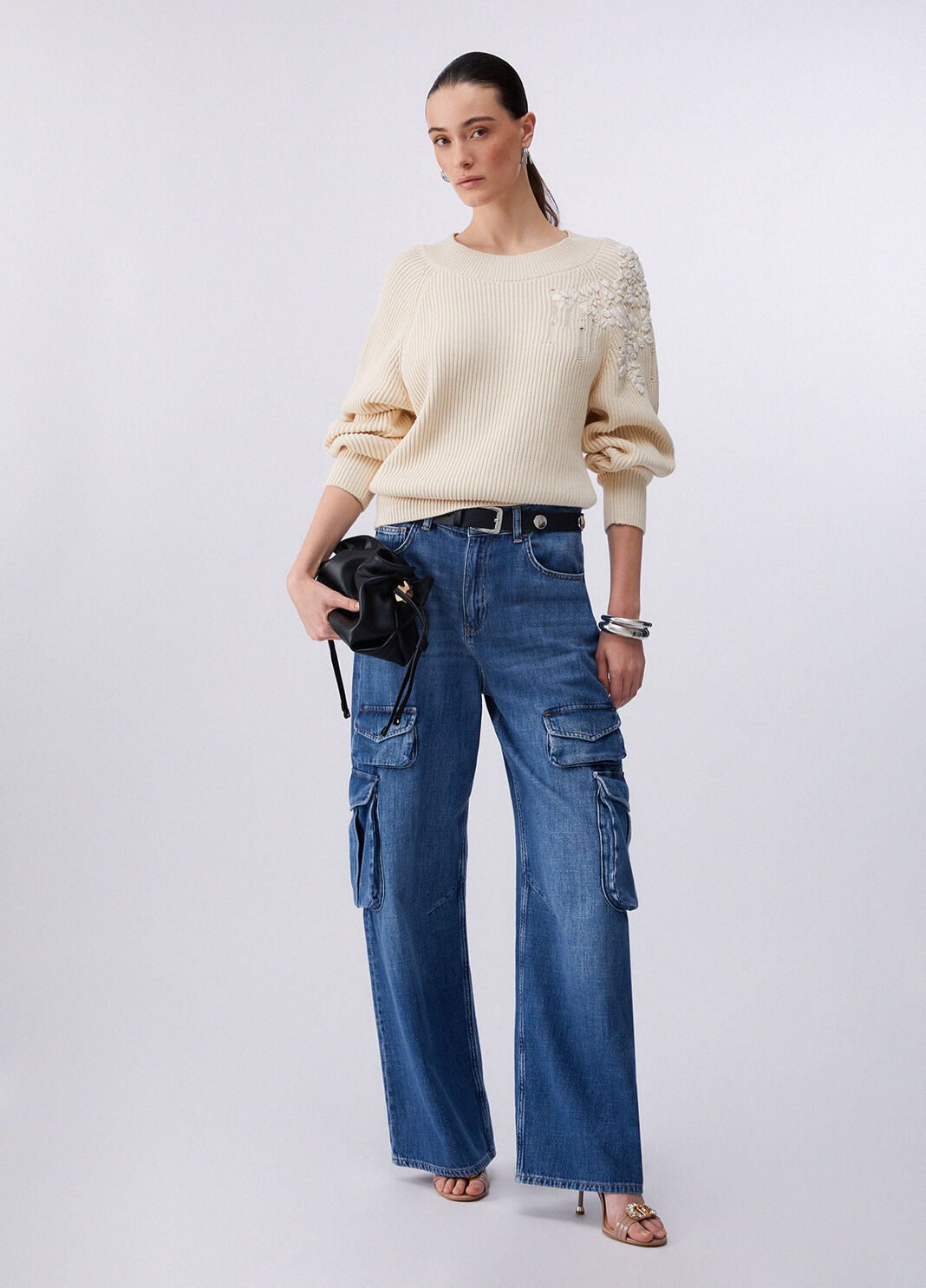 Maglia con ricamo in rafia bianco panna Liu Jo - large image number 5