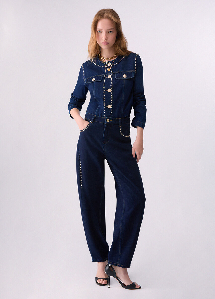 LIU JO パール装飾デニムジャケット Slim jacket fit in denim with rhinestones colour Normal wash | Liu Jo