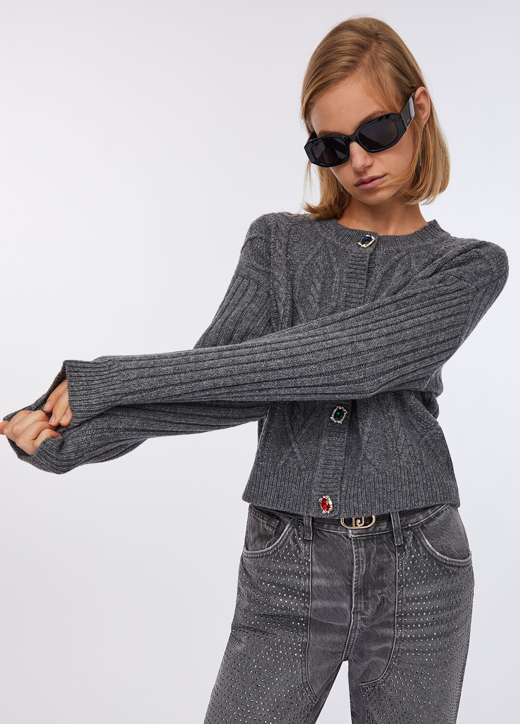 Wool cardigan with bejewelled buttons grey Liu Jo - large image number 4