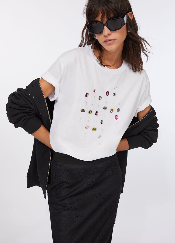 T-shirt avec applications blanc et pierres colorées Liu Jo - medium