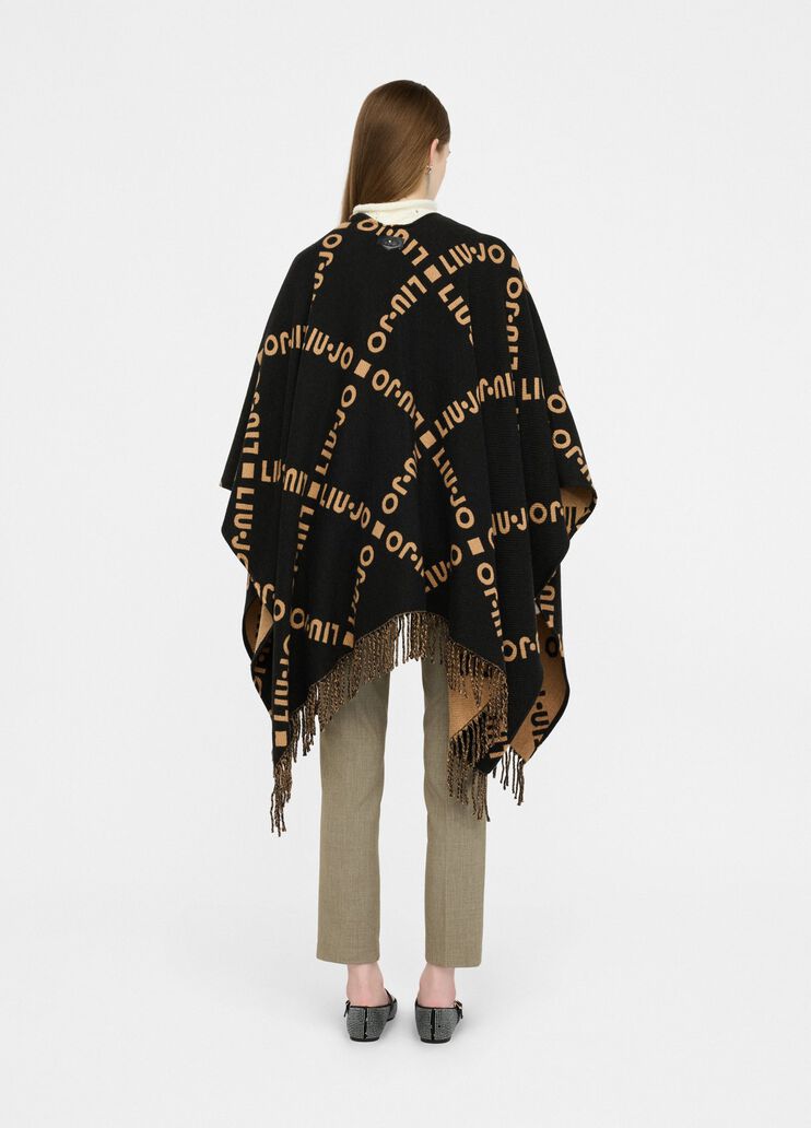 Poncho with logo and fringes black Liu Jo - large image number 1