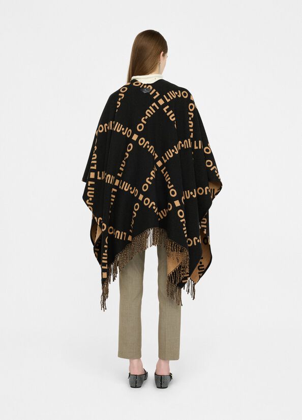 Poncho à logo et franges noir Liu Jo - large image number 1