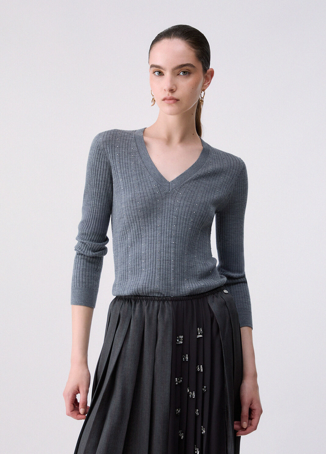 Knit in wool with V-neck grey m&eacute;lange Liu Jo - large image number 0